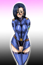 Rule 34 | 1girl, belt, blue hair, blush, breasts, brown eyes, covering crotch, covering privates, cowboy shot, earrings, embarrassed, fukada takushi, glasses, gradient background, highres, jewelry, large breasts, legs, legs together, multicolored background, niimi kaoru, short hair, simple background, solo, standing, sweatdrop, thighhighs, thighs, uchuu senkan yamato, uchuu senkan yamato 2199
