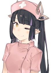 Rule 34 | 1girl, alternate costume, black hair, blunt bangs, blush, breasts, closed mouth, commentary request, cross, demon girl, demon horns, hanarito, hat, horns, kojo anna, long hair, looking at viewer, medium breasts, multicolored hair, nanashi inc., nurse, nurse cap, one eye closed, pink hat, pointy ears, purple hair, simple background, smile, solo, sugar lyric, twintails, two-tone hair, upper body, virtual youtuber, yellow eyes