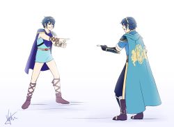 Rule 34 | 2boys, :d, armor, belt, black footwear, black gloves, black pants, blue background, blue cape, blue eyes, blue hair, blue tunic, boots, brown footwear, cape, commentary, dual persona, fingerless gloves, fire emblem, fire emblem: new mystery of the emblem, fire emblem: shadow dragon and the blade of light, from behind, gloves, gradient background, greaves, grin, looking at another, marth (fire emblem), marvel, meme, multiple boys, nintendo, open mouth, pants, parody, pauldrons, pointing, pointing at another, pointing spider-man (meme), profile, short sleeves, shoulder armor, signature, sleeveless, smile, spider-man (series), thighs, tiara, tunic, vambraces, vyh, white background, yellow belt