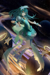 Rule 34 | 1girl, absurdres, aqua choker, bubble skirt, character name, cure milky, earrings, full body, green hair, green shirt, hagoromo lala, hair ornament, hairband, highres, jewelry, kaisershmarrn, looking at viewer, magical girl, planet, precure, see-through, see-through sleeves, shirt, single leg pantyhose, skirt, solo, space, star-shaped pupils, star (sky), star (symbol), star color pen, star earrings, star hair ornament, star twinkle precure, symbol-shaped pupils, yellow hairband, zero gravity