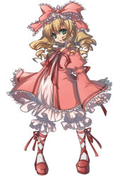 Rule 34 | 00s, 1girl, blonde hair, bloomers, bow, cota, cross-laced clothes, cross-laced legwear, curly hair, dress, eyebrows, flat chest, frilled bow, frilled sleeves, frills, full body, green eyes, hair bow, hinaichigo, juliet sleeves, legs apart, long hair, long sleeves, lowres, pantyhose, pink bow, pink footwear, pink ribbon, puffy long sleeves, puffy sleeves, ribbon, ringed eyes, rozen maiden, shoes, simple background, solo, standing, underwear, white background, white bloomers, white pantyhose, wide sleeves