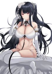 Rule 34 | 1girl, absurdres, azur lane, bare shoulders, bed, black bow, black bowtie, black hair, blush, bow, bowtie, bra, breasts, cleavage, closed mouth, cross, elbow gloves, flower, full body, gloves, hair flower, hair ornament, hand in own hair, hand on leg, highres, iron cross, large breasts, long hair, navel, official alternate costume, panties, peter strasser (a moment frozen in pure white) (azur lane), peter strasser (azur lane), purple eyes, sankyo (821-scoville), seiza, sitting, smile, solo, thighhighs, twintails, underwear, white background, white bra, white gloves, white panties, white thighhighs