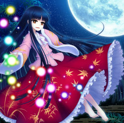 Rule 34 | 1girl, album cover, bamboo, bamboo print, barefoot, black hair, blunt bangs, bow, bowtie, brown eyes, cover, danmaku, egasumi, floating, full body, full moon, hand to own mouth, houraisan kaguya, leaf print, long hair, long skirt, long sleeves, looking away, miruki, moon, night, night sky, open mouth, outdoors, pink shirt, red skirt, shirt, skirt, sky, sleeves past wrists, smile, solo, sparkle, star (sky), starry sky, touhou, very long hair, white bow, wide sleeves