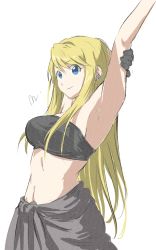 Rule 34 | 1girl, armpits, bare shoulders, black gloves, blonde hair, blue eyes, breasts, closed mouth, earrings, fullmetal alchemist, gloves, hand up, highres, jewelry, long hair, looking at viewer, midriff, mitsugu, navel, simple background, smile, solo, strapless, stretching, very long hair, white background, winry rockbell