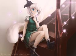 Rule 34 | 1girl, blush, bug, butterfly, commentary, glowing, green eyes, hairband, highres, hitodama, indoors, insect, katana, konpaku youmu, konpaku youmu (ghost), looking up, mary janes, novcel, parted lips, puffy sleeves, shirt, shoes, short hair, short sleeves, silver hair, sitting, sitting on stairs, skirt, skirt set, socks, solo, stairs, sword, touhou, watermark, weapon, web address, white socks