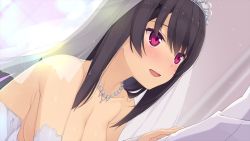 Rule 34 | 1girl, :d, ao no kanata no four rhythm, blush, breasts, bridal veil, brown hair, cleavage, clothes pull, collarbone, detached sleeves, diadem, dress, dress pull, game cg, hair between eyes, jewelry, large breasts, long hair, long sleeves, looking at another, looking up, necklace, open mouth, red eyes, shiny skin, smile, solo focus, strapless, strapless dress, suzumori, tobisawa misaki, veil, white dress, white sleeves