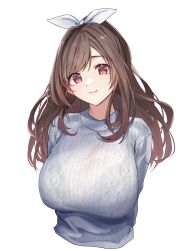 Rule 34 | 1girl, absurdres, aran sweater, arms behind back, blush, bra visible through clothes, breasts, brown hair, cable knit, closed mouth, commentary, cropped torso, hair ribbon, head tilt, highres, huge breasts, idolmaster, idolmaster shiny colors, knit sweater, large breasts, light smile, long hair, long sleeves, looking at viewer, pekoni (peconi), red eyes, ribbon, simple background, solo, sweater, tsukioka kogane, upper body, white background, white ribbon, white sweater
