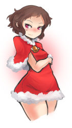 Rule 34 | 10s, 1girl, arceonn, bare legs, bell, blush, breasts, brown hair, capelet, christmas, cowboy shot, cropped legs, dress, fur trim, hyouka, ibara mayaka, red dress, red eyes, red skirt, short hair, skirt, small breasts, solo