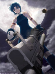 Rule 34 | 00s, 1girl, bare shoulders, blue eyes, blue hair, casing ejection, ciel (tsukihime), gun, matching hair/eyes, moon, pile bunker, powered ciel, seventh holy scripture, shell casing, solo, tattoo, tsukihime, weapon