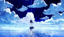 Rule 34 | 1girl, artist request, bare legs, barefoot, black hair, blue theme, cloud, from behind, full body, long hair, non-web source, original, road, ruins, shirt, short sleeves, skirt, sky, source request, tagme, wading, walking, water, white shirt