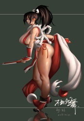 Rule 34 | 1girl, arched back, arm guards, ass, bad id, bad pixiv id, black footwear, breasts, brown eyes, brown hair, cleavage, curvy, earrings, fatal fury, female focus, folded fan, folding fan, from side, hand fan, high ponytail, highres, japanese clothes, jewelry, large breasts, ninja, no bra, obi, panties, pelvic curtain, ponytail, reflection, revealing clothes, ribbon, rope, sash, shiny skin, shiranui mai, side-tie panties, sideboob, signature, solo, tabi, the king of fighters, thighs, underwear, white ribbon