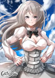 Rule 34 | 1girl, absurdres, armpit cutout, bad id, bad pixiv id, breasts, cleavage, cleavage cutout, clothing cutout, conte di cavour (kancolle), corset, dress, frilled dress, frills, grey dress, grey eyes, highres, kantai collection, kentan (kingtaiki), large breasts, layered dress, long hair, long sleeves, silver hair, solo, two-tone dress, two side up, upper body, white dress