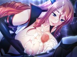 Rule 34 | 1girl, after paizuri, asakura sakura, blue eyes, blush, breasts squeezed together, breasts, breasts out, brown hair, censored, clothing cutout, cum, cum on body, cum on breasts, cum on hair, cum on upper body, drill hair, elbow gloves, facial, from above, game cg, gloves, hair between eyes, heart cutout, horns, huge breasts, knight carnival, long hair, looking up, lying, morgan (knight carnival), mosaic censoring, navel, night, nipples, no bra, paizuri, parted lips, penis, sasayuki, smile, solo focus, standing