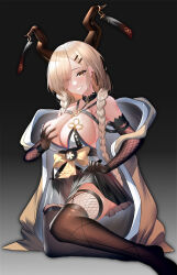 Rule 34 | 1girl, absurdres, azur lane, braid, breasts, brown horns, cleavage, clothes lift, dark-skinned female, dark skin, f35a, fishnet gloves, fishnet thighhighs, fishnets, gloves, grabbing own breast, hair ornament, hair over one eye, hairclip, highres, horn ornament, horns, japanese clothes, large breasts, large horns, lifted by self, long bangs, low twin braids, mole, mole under mouth, off shoulder, one eye covered, owari (azur lane), pleated skirt, skirt, skirt lift, smile, strapless kimono, thighhighs, twin braids