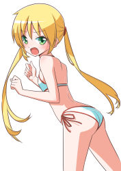 Rule 34 | 1girl, ass, back, bare back, bare shoulders, bikini, blonde hair, blush, flat chest, green eyes, hata kenjirou, hayate no gotoku!, highres, long hair, looking at viewer, sanzen&#039;in nagi, simple background, solo, swimsuit, thighs, twintails, white background