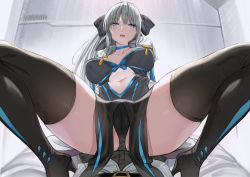 Rule 34 | 1boy, 1girl, aldehyde, black bow, black dress, black footwear, blue eyes, boots, bow, braid, breasts, cameltoe, center opening, cleavage, cleft of venus, dress, fate/grand order, fate (series), french braid, girl on top, grey hair, hair bow, large breasts, long hair, long sleeves, looking at viewer, morgan le fay (fate), pelvic curtain, ponytail, sidelocks, straddling, thigh boots, thighhighs, thighs, two-tone dress, very long hair, white dress, wide sleeves