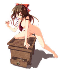 Rule 34 | 1girl, bad id, bad pixiv id, barefoot, bow, box, brown eyes, brown hair, donation box, feet, female focus, flat chest, gohei, hair bow, hakurei reimu, licking, long hair, money, naughty face, nude, one eye closed, onemu, pussy juice, saliva, solo, tongue, touhou, wink