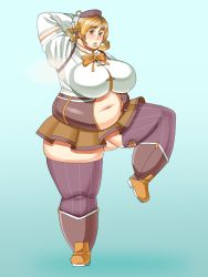 Rule 34 | 10s, 1girl, belly, blonde hair, blush, breasts, cleavage, drill hair, fat, highres, huge breasts, looking at viewer, mahou shoujo madoka magica, navel, sakumatyann, solo, standing, thick thighs, thighs, tomoe mami, twin drills, yellow eyes
