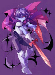 Rule 34 | 1other, androgynous, armor, blue skin, bodysuit, bodysuit under clothes, breastplate, cape, colored skin, deltarune, eyes visible through hair, floating cape, from side, full body, gauntlets, greaves, hair over one eye, highres, holding, holding shield, holding sword, holding weapon, kris (deltarune), looking at viewer, one eye covered, oshino no, other focus, pauldrons, pink cape, purple background, purple bodysuit, purple cape, purple hair, purple theme, red eyes, serious, shield, short hair, shoulder armor, simple background, solo, sparkle, standing, swept bangs, sword, torn cape, torn clothes, two-tone cape, weapon
