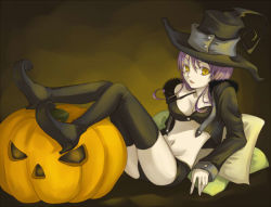 Rule 34 | 00s, bikini, bikini top only, blair (soul eater), boots, hat, jack-o&#039;-lantern, jacket, pumpkin, purple hair, shorts, solo, soul eater, swimsuit, thigh boots, thighhighs, witch hat, yellow eyes