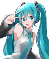Rule 34 | 1girl, aqua eyes, aqua hair, aqua nails, aqua necktie, bare shoulders, black sleeves, commentary, detached sleeves, grey shirt, hair ornament, hand up, hatsune miku, head tilt, headphones, headset, highres, long hair, looking at viewer, nail polish, necktie, open mouth, pinky out, shirt, shoulder tattoo, sleeveless, sleeveless shirt, smile, solo, supo01, tattoo, twintails, upper body, v, very long hair, vocaloid, white background