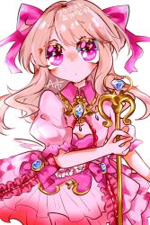 Rule 34 | 1girl, bad id, bad twitter id, blonde hair, chaos marie (grimms notes), cleavage cutout, clothing cutout, curly hair, dress, frills, grimms notes, hair ribbon, jewelry, long hair, looking up, m s k n 0008, necklace, pendant, pink eyes, puffy short sleeves, puffy sleeves, ribbon, short sleeves, signature, simple background, solo, white background, wings