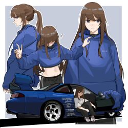 Rule 34 | 1girl, absurdres, black pants, blue eyes, blue hoodie, blush, brown hair, car, commentary, covered eyes, cropped hoodie, embarrassed, english commentary, hair over eyes, highres, holeecrab, hood, hoodie, long hair, looking to the side, midriff, motor vehicle, multiple views, navel, nissan s14 silvia, nissan silvia, original, pants, parted lips, ponytail, shadow, shirt, sidelocks, sitting, spoiler (automobile), sweatpants, white shirt