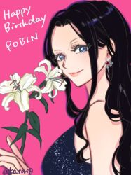 Rule 34 | 1girl, black hair, blue eyes, earrings, eyelashes, flower, happy birthday, holding, holding flower, jewelry, ko tori0, long hair, looking at viewer, nico robin, one piece, pink background, pink lips, profile, sidelocks, simple background, solo
