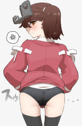 Rule 34 | 1girl, ass, black panties, black thighhighs, brown eyes, brown hair, color guide, cowboy shot, flat ass, from behind, highres, japanese clothes, kantai collection, kariginu, looking at viewer, looking back, namakura neo, no pants, panties, red shirt, ryuujou (kancolle), shirt, solo, spoken squiggle, squiggle, standing, thighhighs, underwear, visor cap, white background