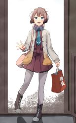 Rule 34 | 1girl, aqua necktie, bag, blue eyes, blush, boots, brown hair, cross-laced footwear, full body, grey pantyhose, hair between eyes, highres, holding, holding bag, jacket, kantai collection, kazagumo (kancolle), lace-up boots, long hair, long sleeves, ludens (inonaka koubou), necktie, open clothes, open jacket, open mouth, pantyhose, ponytail, purple skirt, purple vest, skirt, smile, solo, vest
