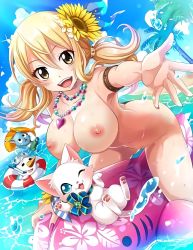 Rule 34 | 1girl, animal, armlet, ass, breasts, butt crack, fairy tail, flower, hair ornament, happy (fairy tail), highres, innertube, jewelry, large breasts, long hair, looking at viewer, lucy heartfilia, nail polish, navel, necklace, nude filter, ocean, open mouth, outdoors, palm tree, pink nails, plue, ribbon, sand, shiny skin, shironeko project, sideboob, smile, snowman, solo, stomach, striped, sunflower, swim ring, third-party edit, tree, twintails, underboob, water, wet, wrist ribbon, yellow eyes, yellow flower