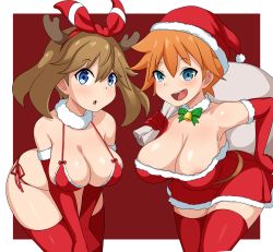 Rule 34 | 2girls, absurdres, bikini, blue eyes, breasts, brown hair, christmas, creatures (company), eye contact, game freak, hagarza p, hair between eyes, hand on own hip, highres, looking at another, looking at viewer, may (pokemon), medium hair, misty (pokemon), multiple girls, nintendo, orange hair, pokemon, pokemon oras, pokemon rgby, red bikini, short hair, simple background, swimsuit, thick thighs, thighhighs, thighs