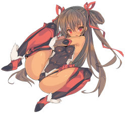 Rule 34 | 1girl, ass, bare shoulders, blade (galaxist), blush, breasts, brown hair, covered erect nipples, dark-skinned female, dark skin, elbow gloves, female focus, fingerless gloves, gloves, hair ribbon, leotard, long hair, looking at viewer, mizuki yukikaze, open mouth, red eyes, ribbon, shiny skin, simple background, small breasts, solo, solo focus, taimanin (series), taimanin yukikaze, tan, thighhighs, thong leotard, twintails, very long hair, white background