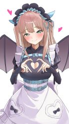 Rule 34 | 1girl, absurdres, apron, black dress, blush, breasts, brown hair, cleavage, cleavage cutout, clothing cutout, demon girl, demon horns, demon wings, dress, green eyes, gridman universe, gridman universe (film), heart, highres, horns, large breasts, long hair, looking at viewer, maid, maid apron, maid headdress, minami yume, official alternate costume, skirt, smile, tappy okamura, wings