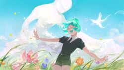 Rule 34 | 1other, androgynous, aqua hair, black necktie, blue flower, blue sky, bug, butterfly, chinese commentary, closed eyes, cloud, cloud focus, cowboy shot, crystal hair, day, dual persona, facing ahead, field, flower, flower field, gem uniform (houseki no kuni), glint, grass, happy, highres, houseki no kuni, insect, nature, necktie, open mouth, orange flower, other focus, outstretched arms, phosphophyllite, phosphophyllite (10000), puffy short sleeves, puffy sleeves, purple flower, red flower, short hair, short sleeves, sky, sparkle, spoilers, xiaoxiaoguguzi