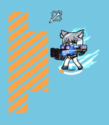 Rule 34 | 1girl, absurdres, anger vein, animal ear fluff, animal ears, arknights, black one-piece swimsuit, blue archive, blue background, blue eyes, blue footwear, blue halo, bright pupils, chibi, cross, cross hair ornament, crossover, grey hair, gun, hair ornament, halo, highres, holding, holding gun, holding weapon, latin cross, mismatched pupils, official alternate costume, one-piece swimsuit, panatisia, shiroko (blue archive), shiroko (swimsuit) (blue archive), short hair, simple background, solo, standing, swimsuit, weapon, white pupils, wolf ears, wolf girl
