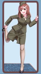Rule 34 | 1girl, absurdres, blush, breasts, brown eyes, brown hair, brown pantyhose, full body, grace maitland steward, green skirt, hat, highres, hiroshi (hunter-of-kct), large breasts, long hair, looking at viewer, luminous witches, military hat, military uniform, miniskirt, open mouth, pantyhose, skirt, smile, solo, standing, standing on one leg, uniform, world witches series