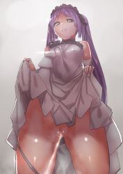 Rule 34 | 1girl, bare shoulders, breasts, censored, clothes lift, cowboy shot, detached sleeves, dress, dress lift, euryale (fate), fate/grand order, fate/hollow ataraxia, fate (series), from below, grey eyes, hairband, hamushima, lifted by self, lolita hairband, long hair, looking down, medium breasts, no panties, parted lips, pee, peeing, purple hair, pussy, shiny skin, solo, twintails, white dress