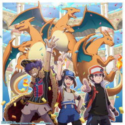 Rule 34 | 1girl, 2boys, absurdres, arm up, bettie (pokemon), black hair, cape, charizard, charizard pose, confetti, creatures (company), dark-skinned male, dark skin, fangs, flame-tipped tail, fur cape, game freak, gen 1 pokemon, hat, highres, horns, jacket, leon (pokemon), multiple boys, nintendo, official art, pointing, pointing at viewer, pokemon, pokemon (creature), pokemon masters ex, pokemon swsh, promotional art, purple hair, red (pokemon), red (sygna suit) (pokemon), red jacket, second-party source, smile, taz saints, tongue, tongue out, v, wings