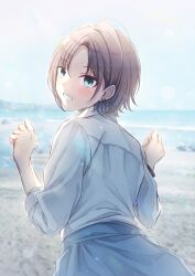 Rule 34 | 1girl, absurdres, ahoge, asakura toru, beach, blue cardigan, blush, cardigan, cardigan around waist, ch13, clothes around waist, commentary, earrings, from behind, grin, highres, idolmaster, idolmaster shiny colors, jewelry, looking at viewer, looking back, outdoors, school uniform, shirt, smile, solo, white shirt