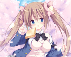 Rule 34 | 1girl, black bow, blue eyes, blue jacket, blush, bow, bread slice, breasts, brown hair, cardigan, collared shirt, copyright request, day, dress shirt, food, hair between eyes, hair bow, hand up, izuminanase, jacket, long hair, long sleeves, medium breasts, official art, open clothes, open jacket, open mouth, outdoors, pink bow, pink cardigan, plaid, plaid skirt, school uniform, shirt, skirt, sleeves past wrists, solo, sweat, toast, twintails, upper body, very long hair, white shirt