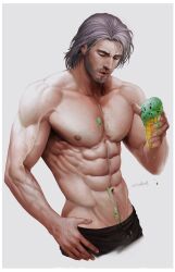 Rule 34 | 1boy, abs, absurdres, aenaluck, artist name, bara, black pants, facial hair, food, food on body, food on face, grey hair, highres, holding, holding food, holding ice cream, ice cream, ice cream cone, ice cream cone spill, male focus, master (aenaluck), muscular, muscular male, navel, nipples, original, pants, parted lips, pectorals, short hair, simple background, solo, white background