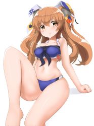 Rule 34 | 1girl, bikini, blue bikini, breasts, brown eyes, cleavage, collarbone, hair ornament, hair ribbon, highres, johnston (kancolle), kantai collection, light brown hair, long hair, looking at viewer, medium breasts, navel, redundant-cat, ribbon, simple background, sitting, solo, swimsuit, two side up, white background