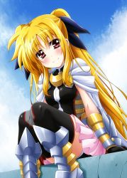 Rule 34 | 1girl, armor, black leotard, black ribbon, black thighhighs, blonde hair, blue sky, cape, cloud, cloudy sky, commentary request, day, fate testarossa, fate testarossa (blaze form ii), gauntlets, gloves, greaves, grey footwear, hair ribbon, highres, leotard, long hair, looking at viewer, lyrical nanoha, magical girl, mahou shoujo lyrical nanoha reflection, miniskirt, open mouth, outdoors, pink skirt, pleated skirt, red eyes, ribbon, sitting, skirt, sky, smile, solo, thighhighs, twintails, white cape, yellow gloves, yorousa (yoroiusagi)