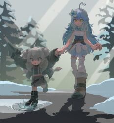 Rule 34 | 2girls, absurdres, aged down, ahoge, airplane arms, animal ears, black footwear, black jacket, black shirt, blue hair, boots, chibi, chibi inset, commentary request, crop top, flower, frilled thighhighs, frills, full body, fur-trimmed boots, fur-trimmed jacket, fur trim, green eyes, grey hair, grey skirt, hair flower, hair ornament, heart, heart ahoge, highres, holding hands, hololive, jacket, lion ears, lion girl, lion tail, long hair, looking at another, looking down, mato (target5260), miniskirt, multiple girls, outdoors, outstretched arms, pine tree, running, shirt, shishiro botan, shishiro botan (1st costume), skirt, sleeveless, sleeveless shirt, snow, spread arms, tail, thighhighs, tree, underbust, virtual youtuber, white thighhighs, wide sleeves, winter, yukihana lamy, yukihana lamy (1st costume), zipper skirt