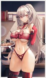 Rule 34 | 1girl, arm belt, azur lane, bare shoulders, belt, black cat, book, border, braid, breasts, cat, christmas, collar, commentary request, commission, cookie, covered erect nipples, cowboy shot, crown braid, dunkerque (azur lane), elbow gloves, food, glass, gloves, grey hair, highres, historical name connection, holding, holding plate, indoors, large breasts, linea alba, long hair, looking at viewer, mixed-language commentary, name connection, navel, outside border, paid reward available, panties, photo (object), plate, purple eyes, red gloves, red panties, red thighhighs, red tube top, skindentation, solo, standing, stomach, strapless, thigh belt, thigh strap, thighhighs, thong, tube top, underwear, very long hair, white border, yusha m