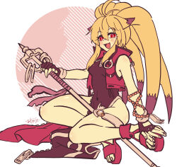 Rule 34 | 1girl, :d, ahoge, animal ears, beads, black gloves, blonde hair, blush, breasts, china dress, chinese clothes, dress, feet, fingerless gloves, gloves, highres, holding, holding weapon, long hair, medium breasts, momotarekawa, multicolored hair, namco x capcom, o-ring, open mouth, pelvic curtain, ponytail, prayer beads, project x zone, red eyes, red footwear, sandals, shakujou, signature, simple background, smile, solo, staff, super robot wars, super robot wars og saga mugen no frontier, toeless footwear, vest, weapon, xiaomu, zipper