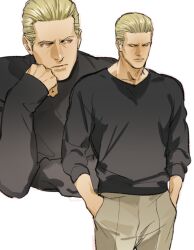 Rule 34 | 1boy, albert wesker, black shirt, blonde hair, closed eyes, closed mouth, hair slicked back, hands in pockets, long sleeves, male focus, muscular, muscular male, orange eyes, resident evil, shirt, simple background, sweater, tatsumi (psmhbpiuczn), white background