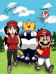Rule 34 | 1boy, 1girl, 2others, artist name, blue eyes, bob-omb, breasts, brown hair, crown, day, donkey kong (series), earrings, eyeshadow, facial hair, full body, gloves, golf club, hat, highres, jewelry, king bob-omb, leggings, lipstick, long hair, makeup, mario, mario (series), mario golf: super rush, multiple others, mustache, nervous, nintendo, pauline (mario), running, super mario 64, sweat, toad (mario), tree
