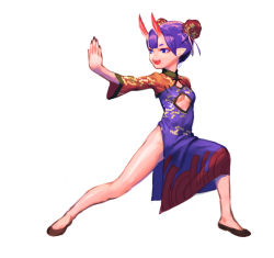 Rule 34 | 1girl, alternate costume, arm behind back, blue eyes, breasts, brown footwear, brown nails, chinese clothes, clothing cutout, diamond cutout, double bun, eric ueda, eyeshadow, fate (series), fighting stance, fingernails, floral print, grey background, hair bun, highres, horns, makeup, nail polish, oni, open mouth, pink ribbon, pointy ears, red eyeshadow, ribbon, short hair, shuten douji (fate), simple background, skin-covered horns, smile, solo, teeth, underboob, underboob cutout, upper teeth only